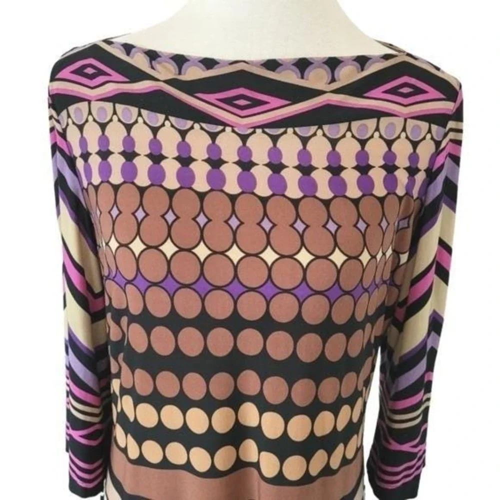 Donna Morgan 90s‎ Geometric Polka Dot Boat Neck Sheath Dress Purple Tan Black